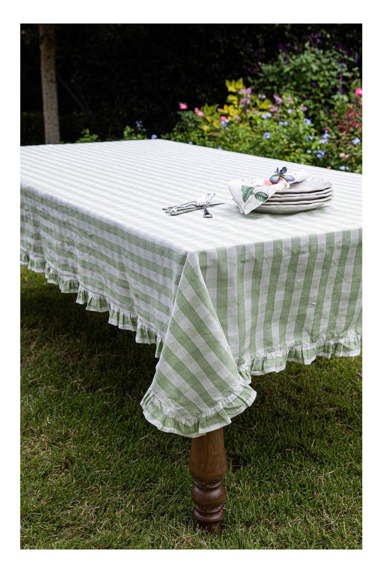 Gingham Ruffle Cotton & Linen Tablecloth, Alternate, color, SEAGRASS