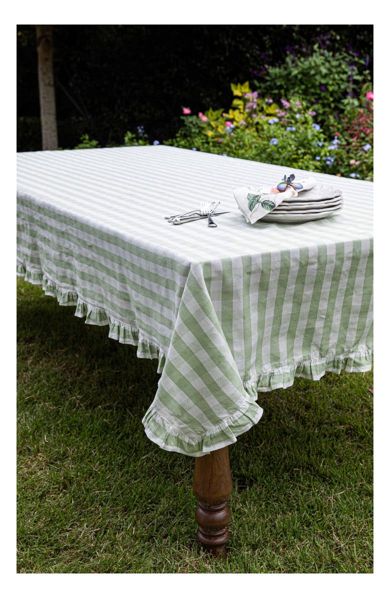 Juliska Gingham Ruffle Cotton & Linen Tablecloth, Alternate, color, Seagrass