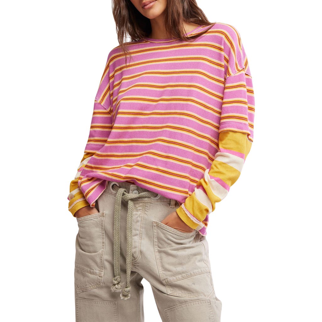 Free People Nina Stripe Layered Long Sleeve Cotton T-shirt In Pink