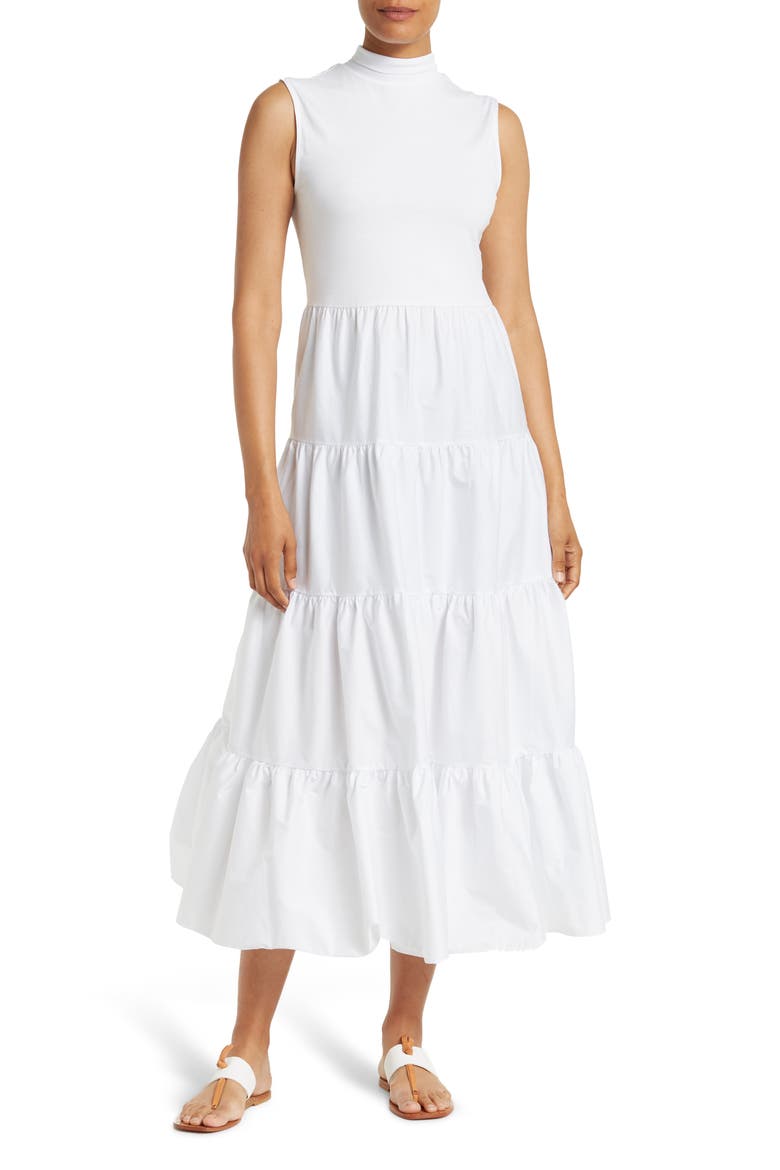 Leslie Mock Neck Sleeveless Tiered Maxi Dress, Main, color, BRIGHT WHITE