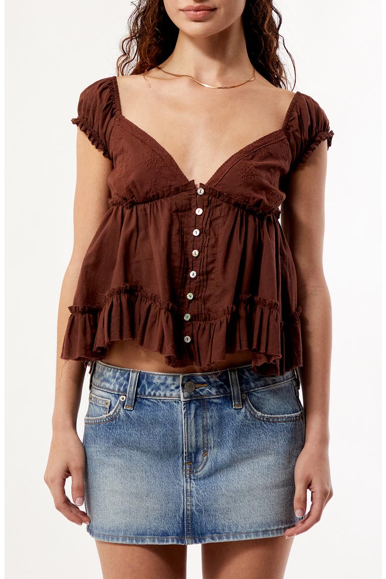 Ellie Lace Trim Embroidered Bodice Smocked Back Cotton Top, Main, color, BROWN