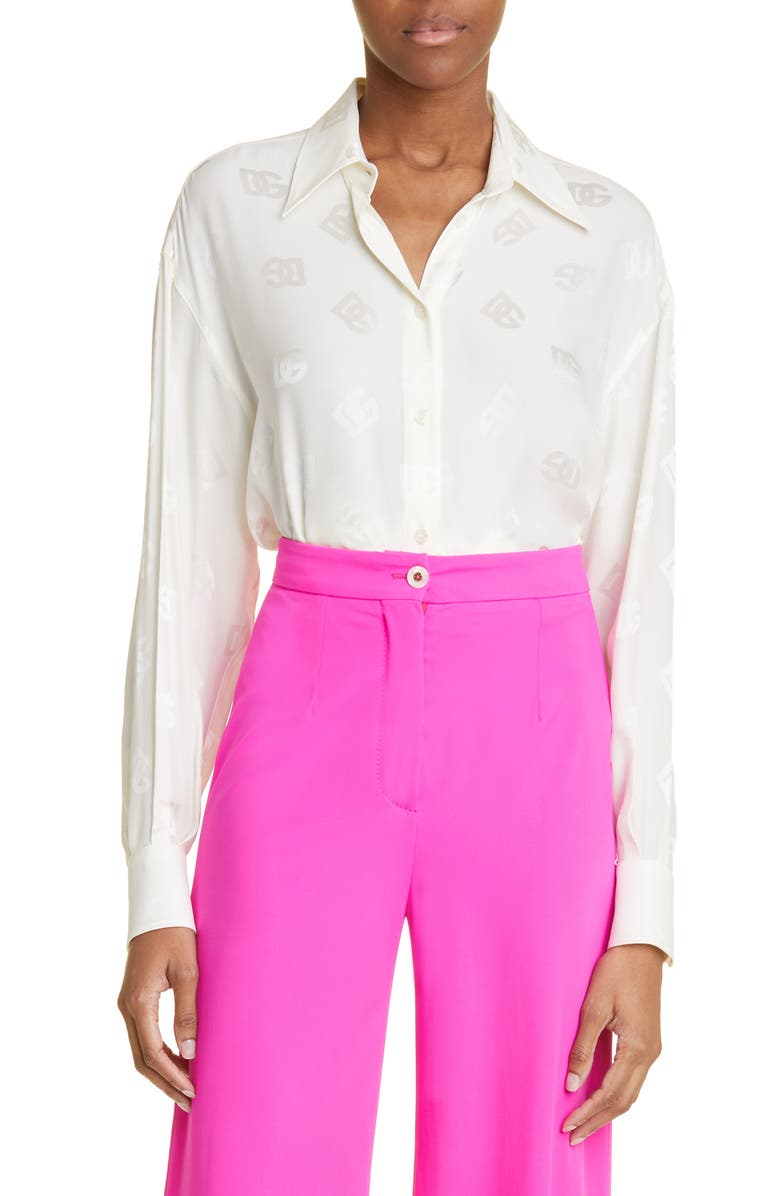 Dolce&Gabbana Logo Jacquard Long Sleeve Silk Button-Up Blouse, Main, color, 