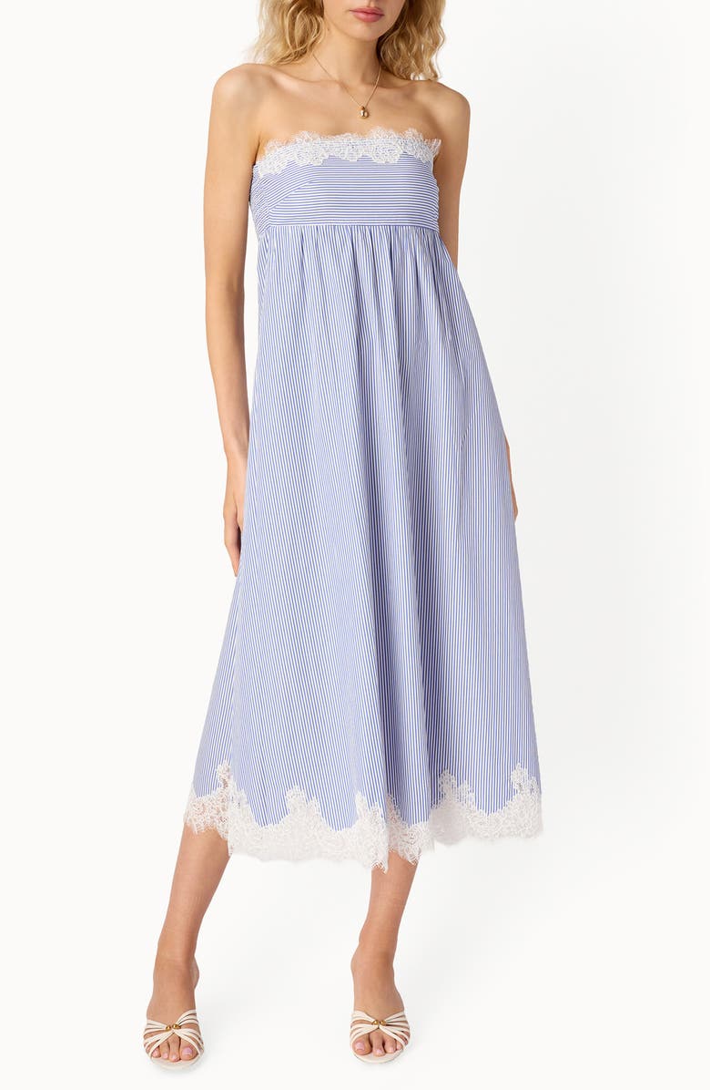 CAMI NYC Kacey Lace Trim Strapless Midi Dress, Main, color, Blue Stripe