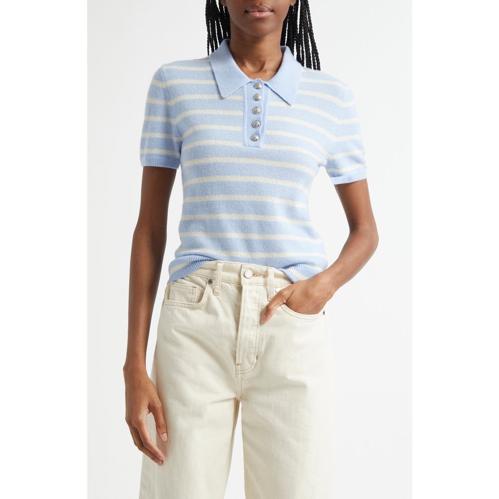 Veronica Beard Brandt Stripe Cashmere Polo Sweater In Bluebell Ivory