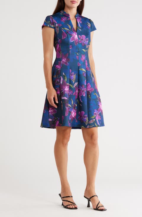 Floral Cap Sleeve Scuba Fit & Flare Dress