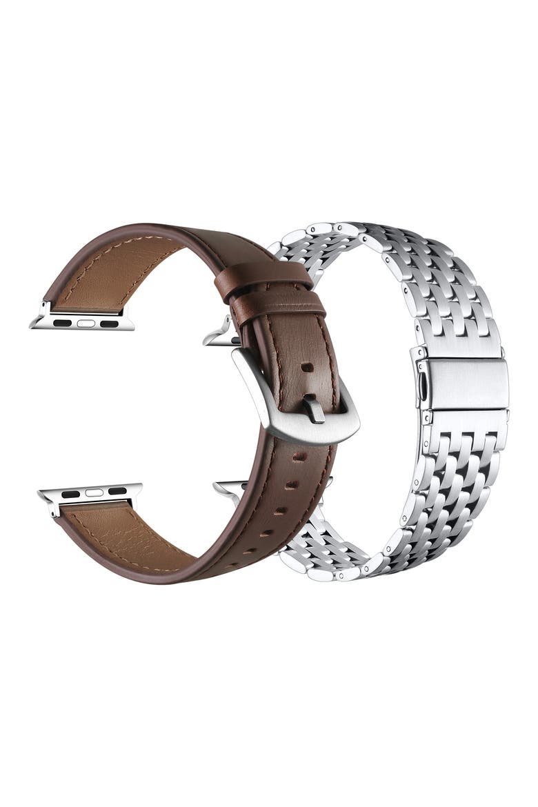 2-Pack Leather & Mesh Apple Watchbands, Alternate, color, BROWN/ SILVER