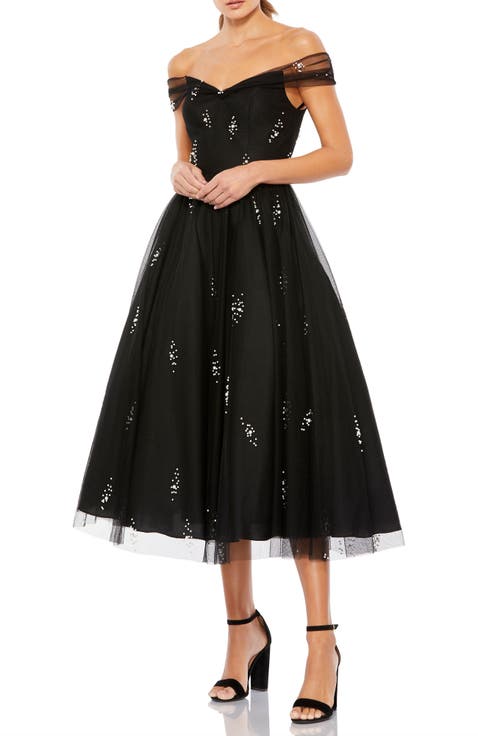 Off The Shoulder Embellished Tulle Cocktail Dress