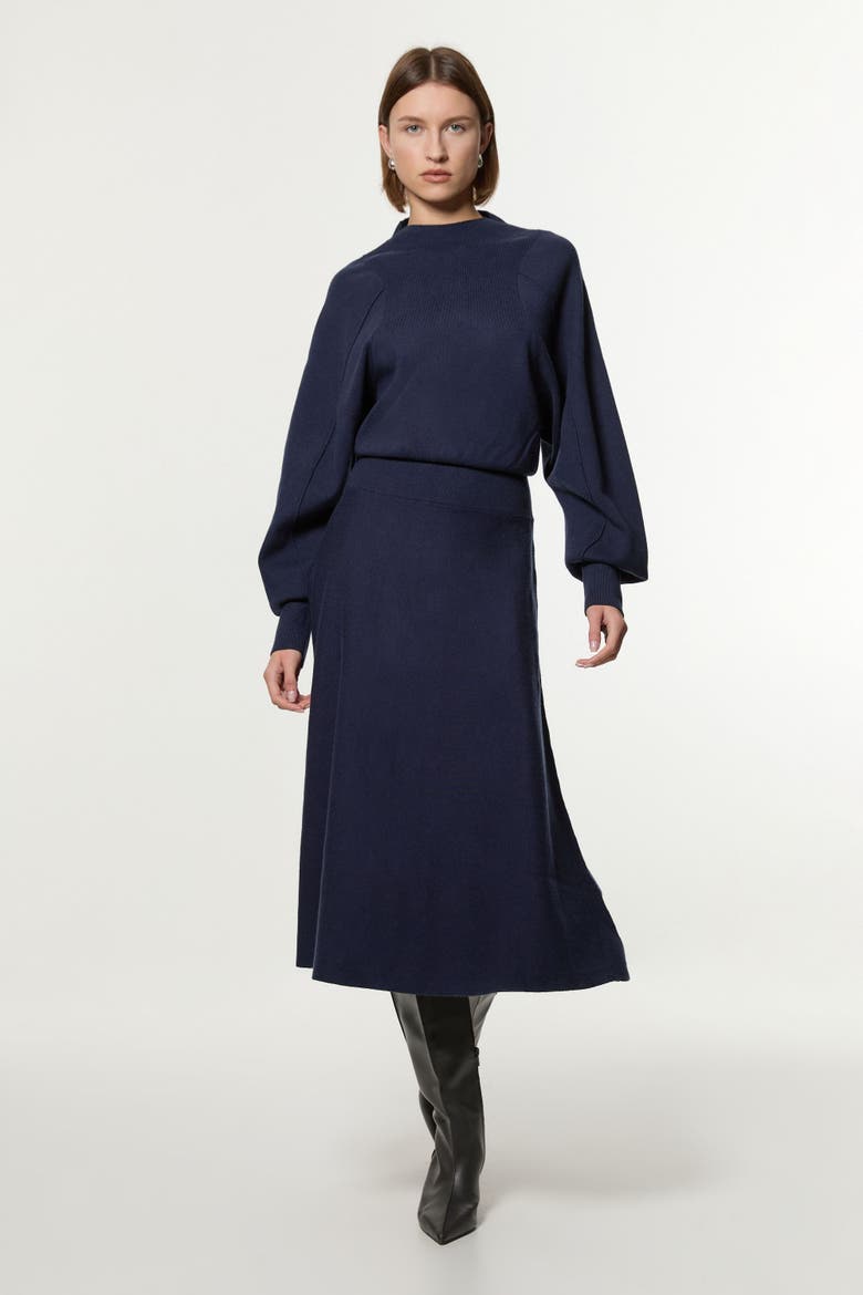 Wool Look Rounded Sleeve Knit Midi Dress, Main, color, Navy