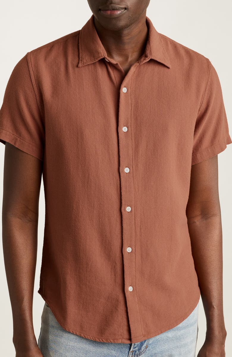 Bonobos Riviera Slim Fit Geo Textured Short Sleeve Cotton Button-Up Shirt, Main, color, Russet 18-1235 Tcx