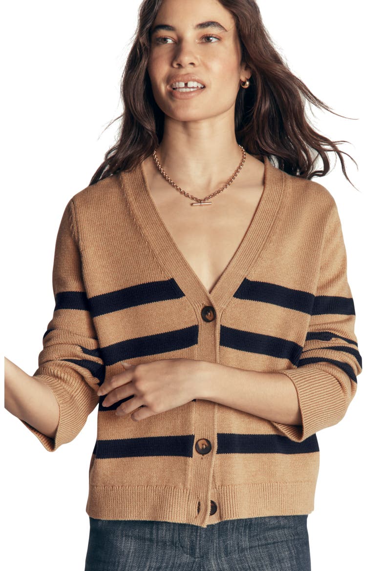 Lucy Relaxed Cotton Cardigan, Alternate, color, CAMEL MELANGE, STRIPE
