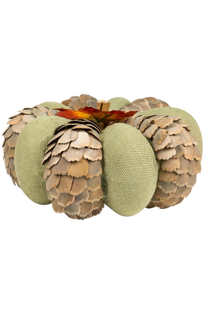 Northlight Layered Wood Petals and Burlap Fall Harvest Pumpkin - 10" - Green and Beige, Alternate, color, Beige
