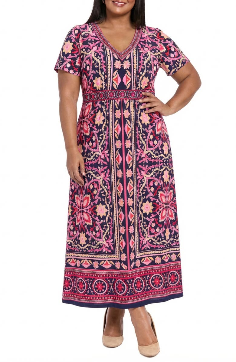 London Times Short Sleeve Maxi Dress, Main, color, Navy/ Pink Peacock