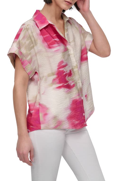 Dkny Abstract Print Textured Short Sleeve Button-up Shirt In Pink