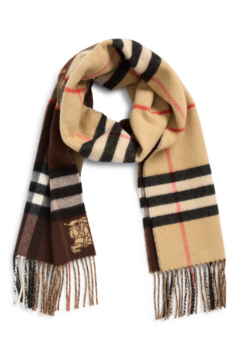 EKD Check Reversible Double Face Cashmere Fringe Scarf, Alternate, color, SAND/ TREACLE BROWN