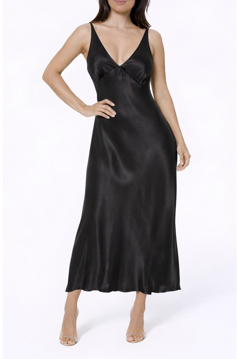 Satin V-Neck Sleeveless Maxi Dress, Main, color, BLACK