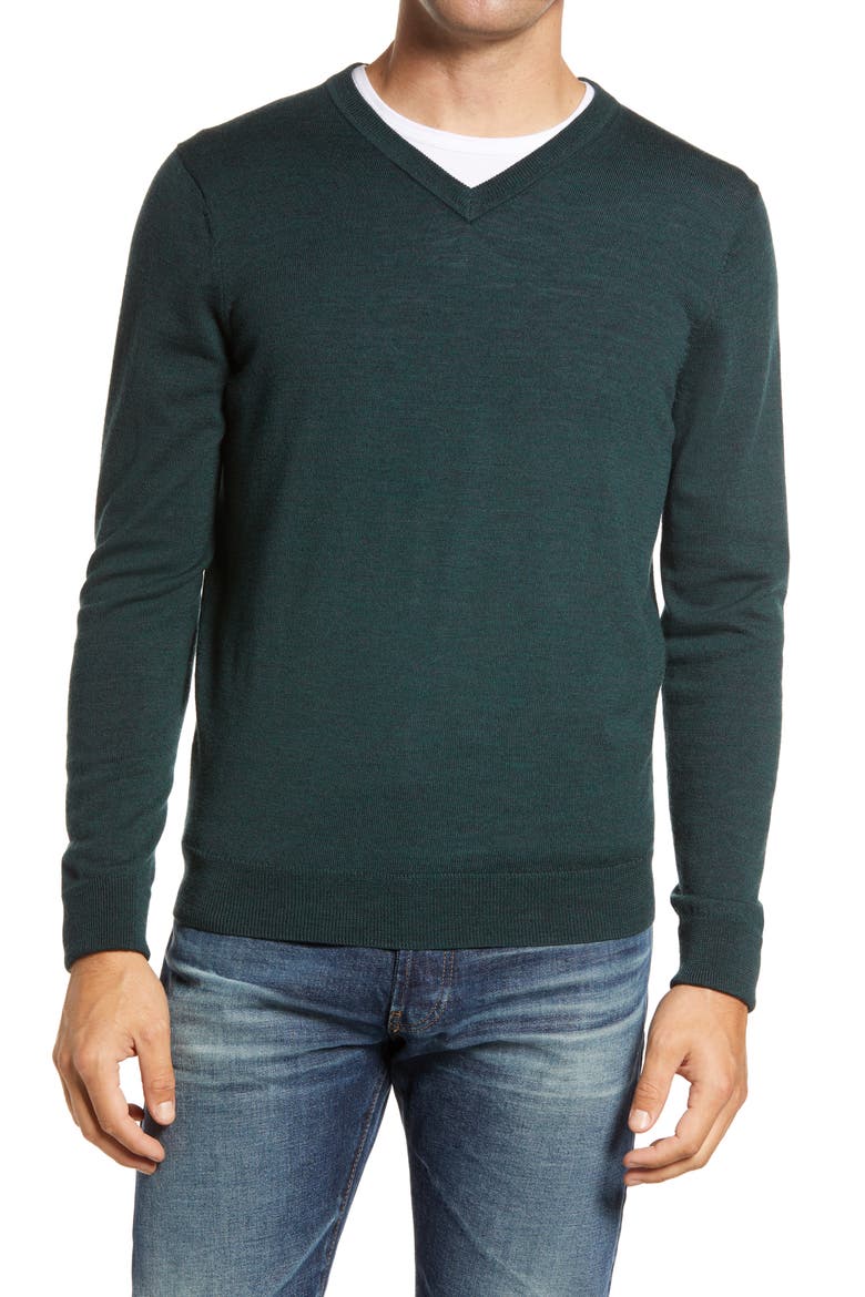 Washable Merino V-Neck Sweater, Main, color, GREEN SCARAB HEATHER