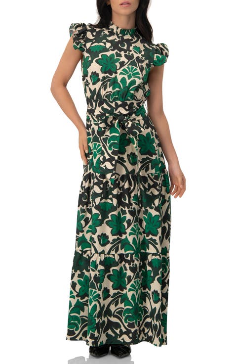 Printed Ruffle-Sleeve Maxi Dress with Tie Waist