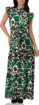 IVONNE Printed Ruffle-Sleeve Maxi Dress with Tie Waist