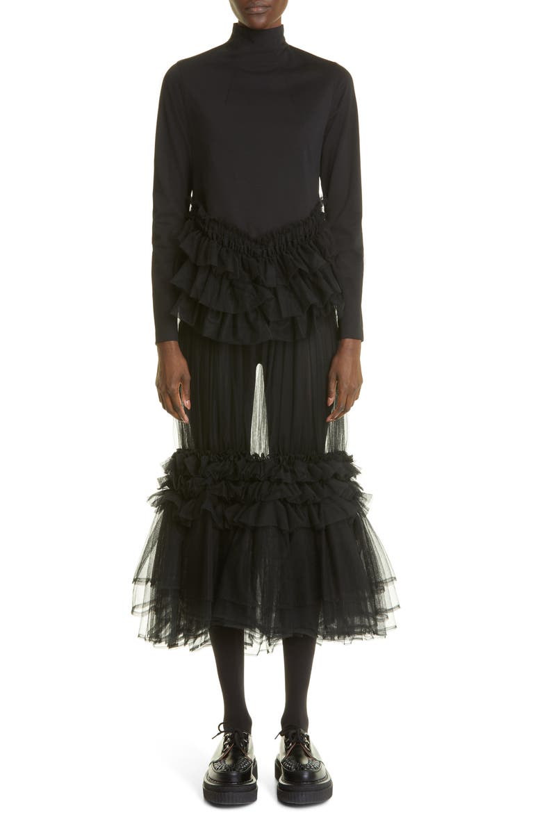 Tiered Tulle Midi Skirt, Alternate, color, BLACK
