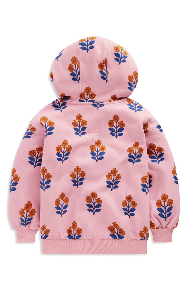 Mini Boden Kids' Floral Print Cotton Hoodie, Alternate, color, Formica Pink Woodblock Flower