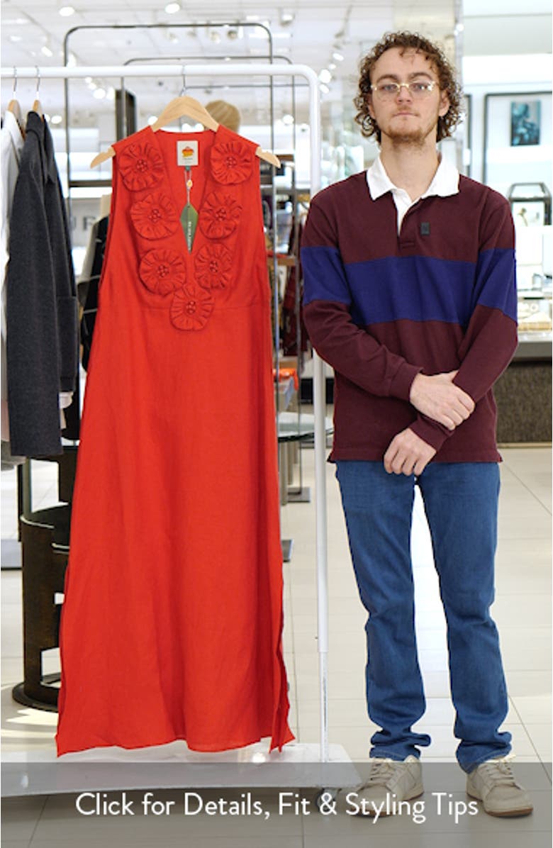 Floral Appliqué Linen Midi Dress, sales video thumbnail