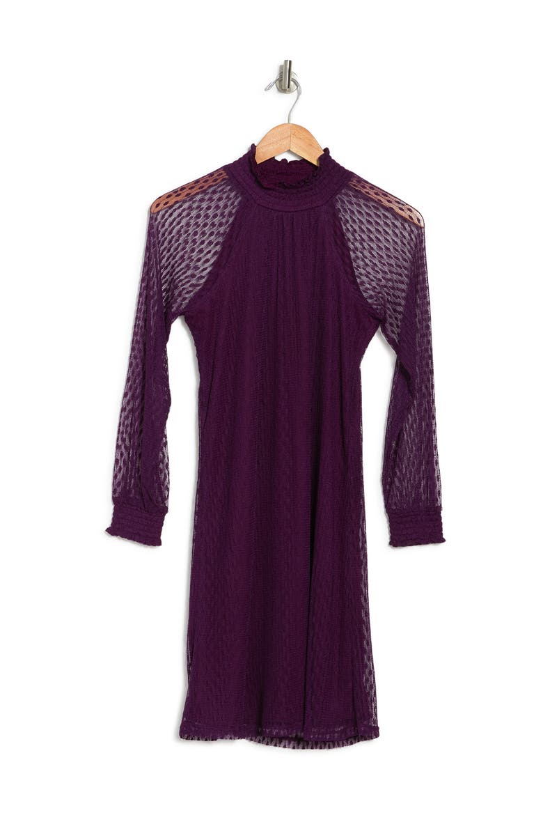 Shirred Mock Neck Long Sleeve Dress, Alternate, color, BLACK PLUM