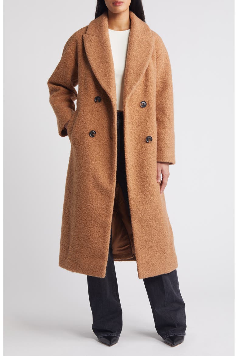 Double Breasted Bouclé Long Coat, Alternate, color, TOFFEE