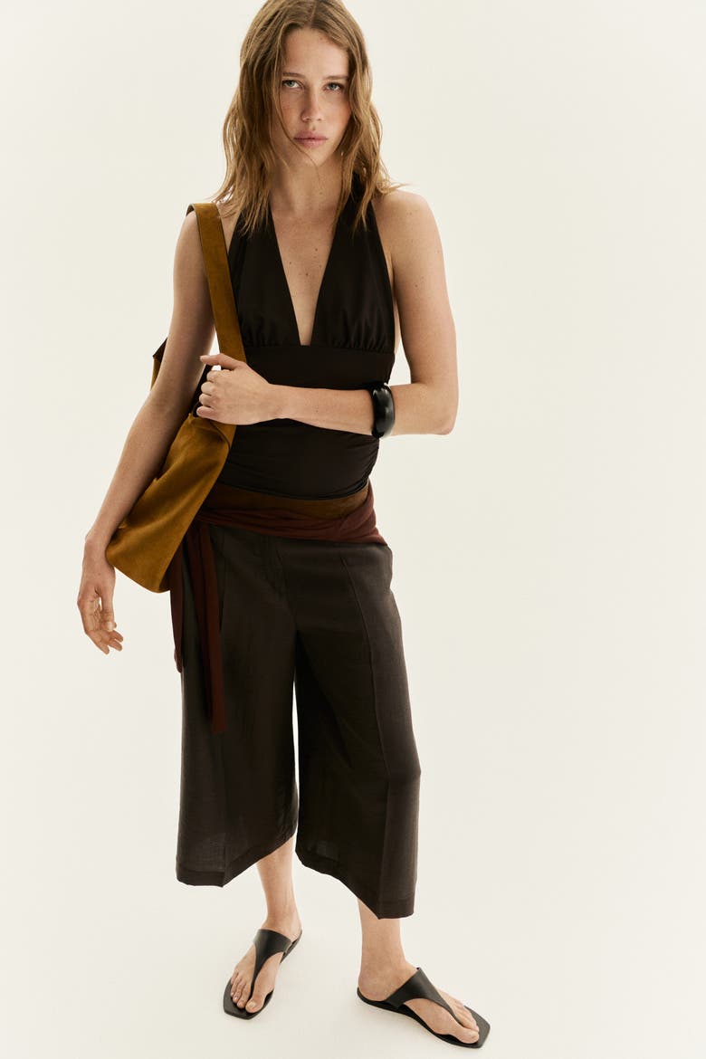 Tailored Linen-blend Culottes, Main, color, Dark brown