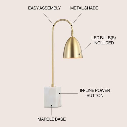 Jonathan Y Ana 26" Gold Arched Metal With Marble Base Led Table Lamp, Brass Gold/white In Brass Gold/white