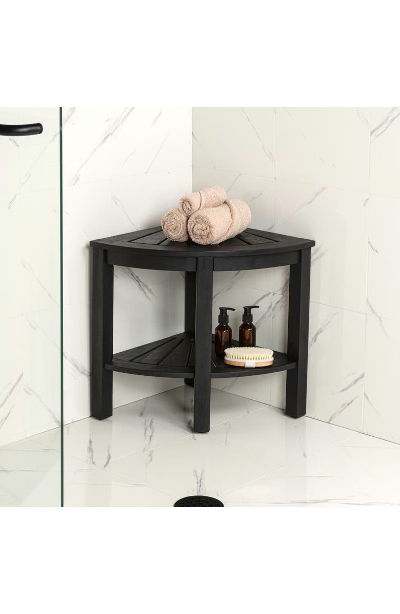 JONATHAN Y Maris 18" Classic Coastal Solid Acacia Wood Indoor/Outdoor Corner Shower Bench with Shelf, Alternate, color, Black