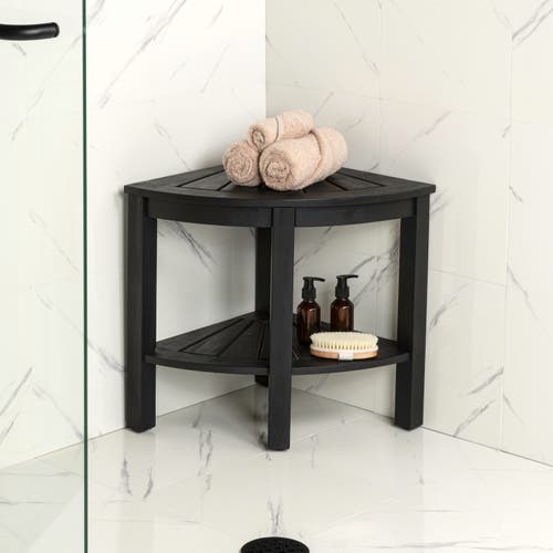 Jonathan Y Maris 18" Classic Coastal Solid Acacia Wood Indoor/outdoor Corner Shower Bench With Shelf In Black