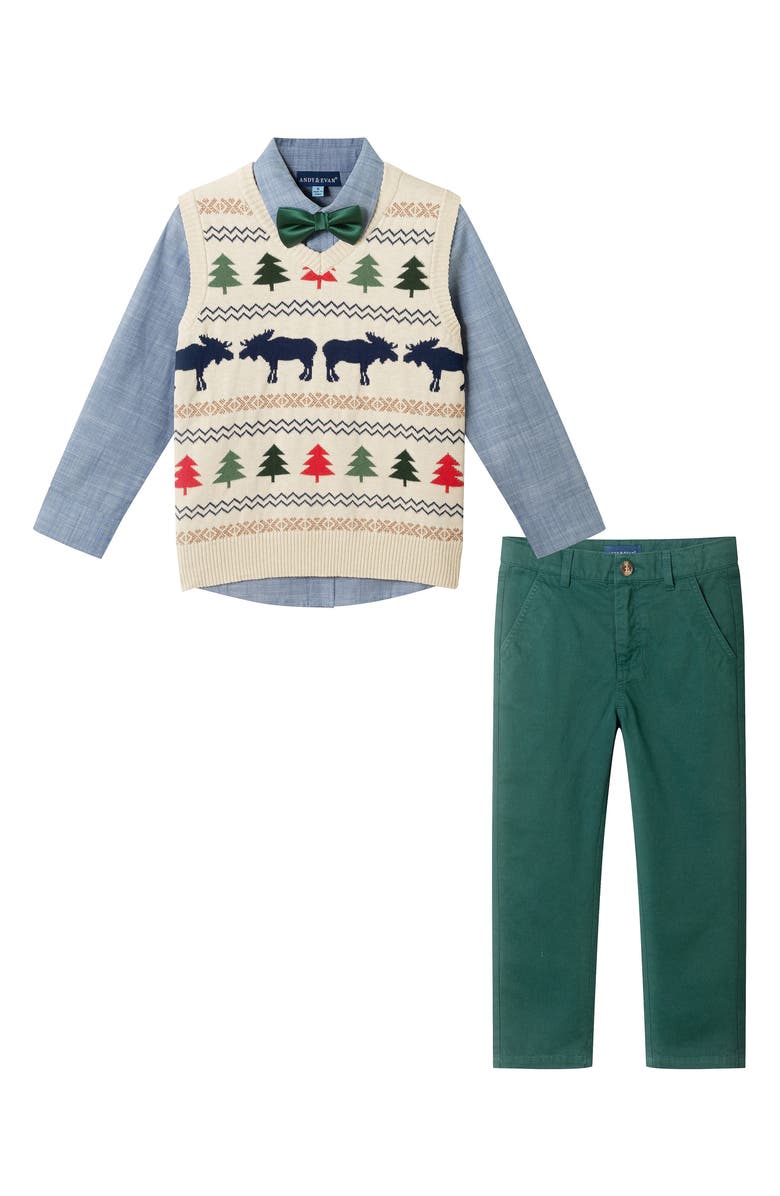 Andy & Evan Kids' Sweater Vest, Button-Up Shirt, Pants & Bow Tie Set, Main, color, Beige Fair Isle