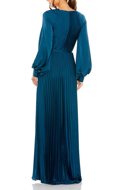 Mac Duggal Long Blouson Sleeve Pleated High Neck Gown In Peacock