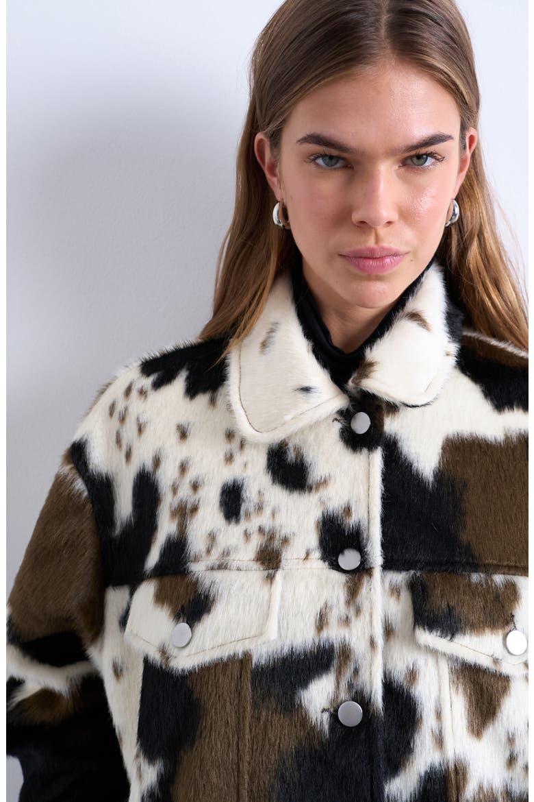 Cow Print Faux Fur Western Trucker Jacket, Alternate, color, BLACK