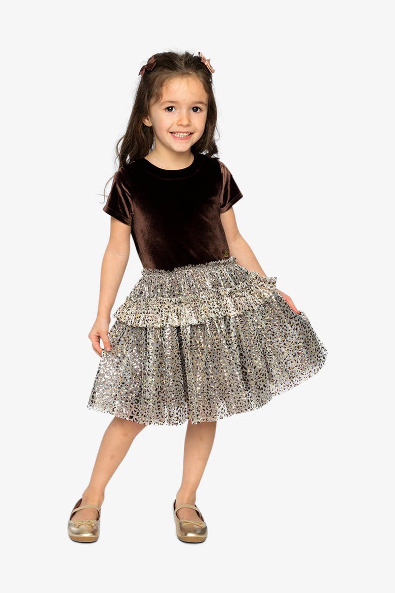 Bi-material Short Sleeve Metallic Mesh Dress (toddler, Little Kid & Big Kid), Alternate, color, Dark Brown