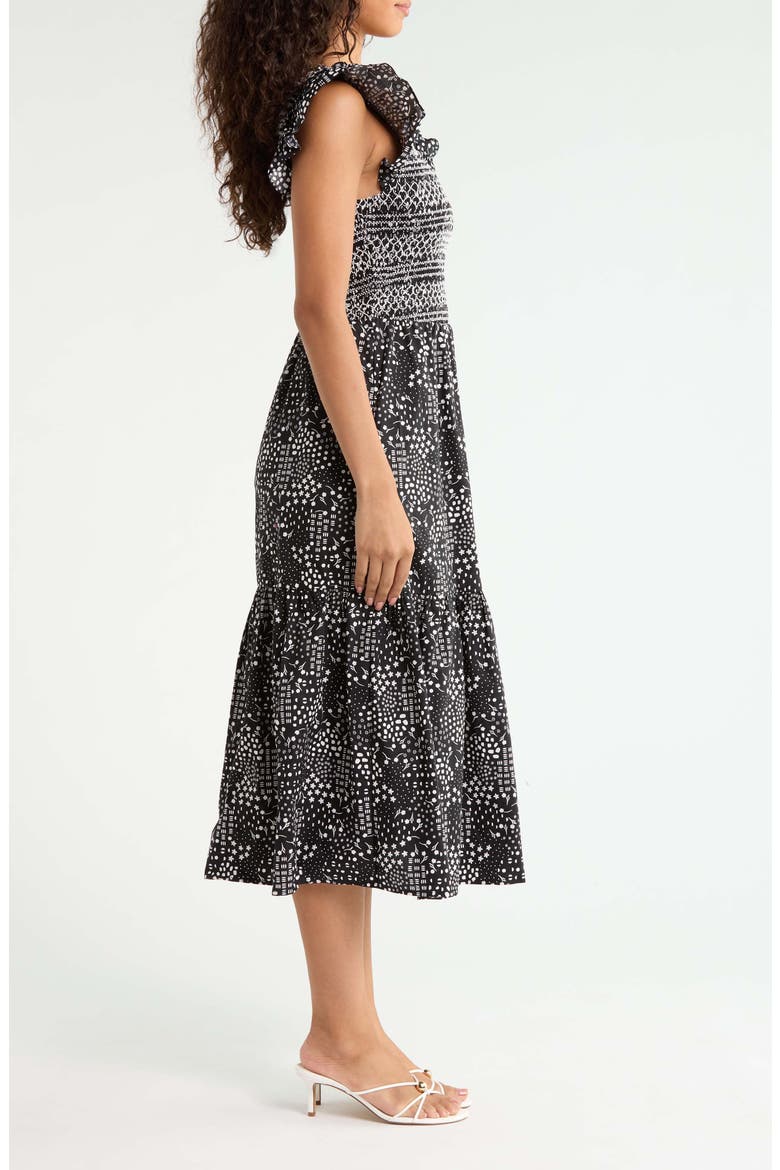 Floral Print Smocked Dress, Alternate, color, BLACK-WHITE