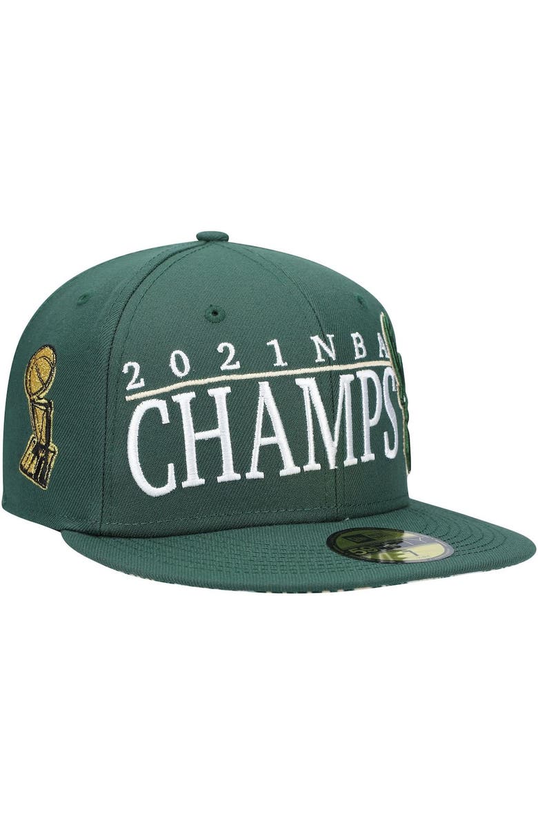 New Era Men's New Era Hunter Green Milwaukee Bucks 2021 NBA Champs Retro Pop Undervisor 59FIFTY Fitted Hat, Alternate, color,