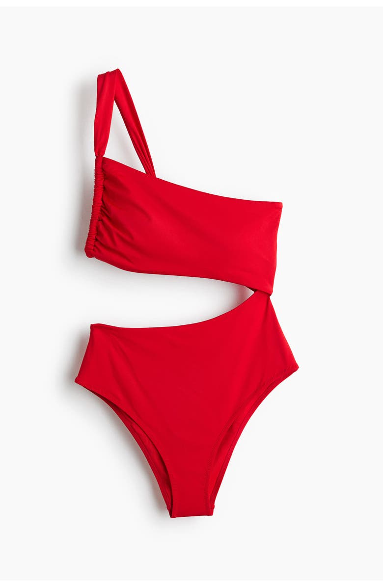 H&M One-shoulder Cut-out Swimsuit, Alternate, color, Bright Red