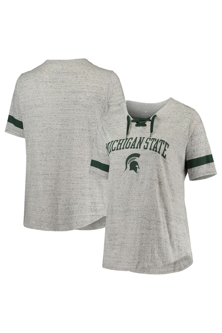 Women's Heathered Gray/Green Michigan State Spartans Plus Size Lace-Up V-Neck T-Shirt, Main, color, Heather Gray