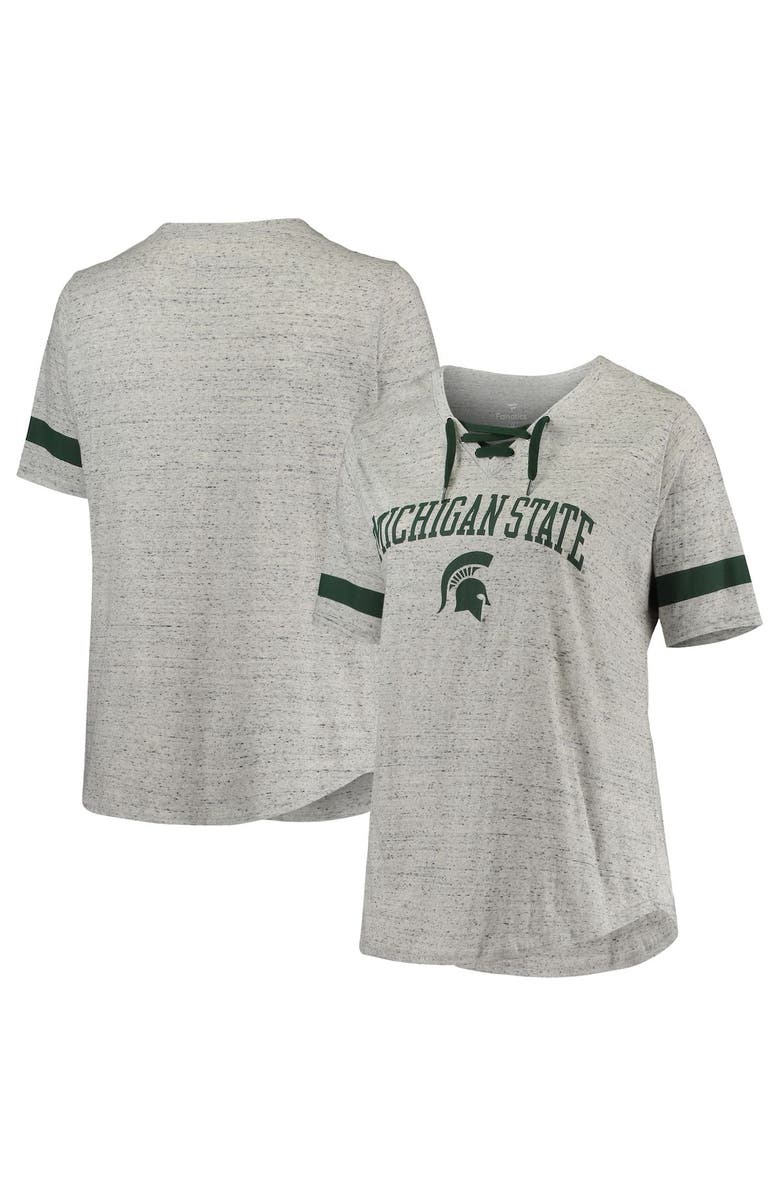 PROFILE Women's Heathered Gray/Green Michigan State Spartans Plus Size Lace-Up V-Neck T-Shirt, Main, color, Heather Gray