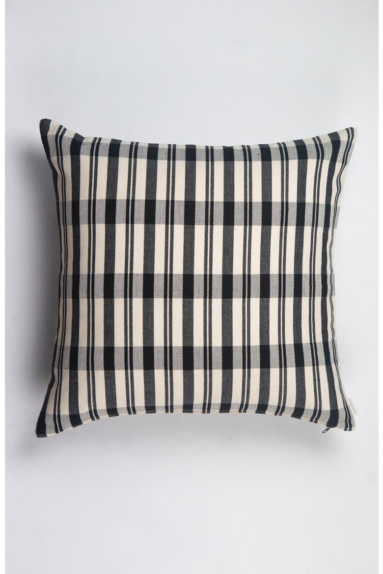 Cecilia Black and Ivory Plaid Square Handwoven Cotton Throw Pillow, Main, color, Black