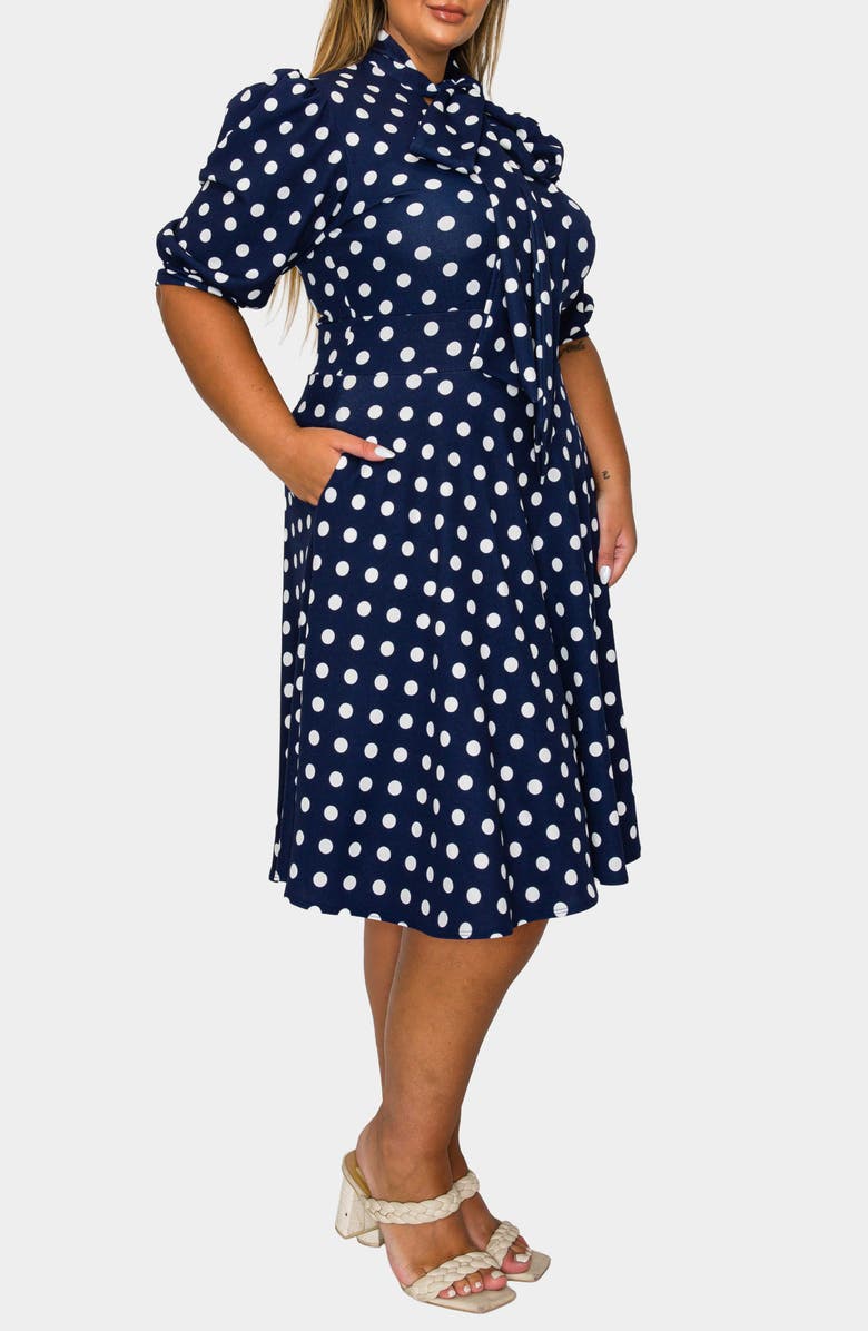 L I V D Breken Tie Neck Flare Dress, Alternate, color, Navy White