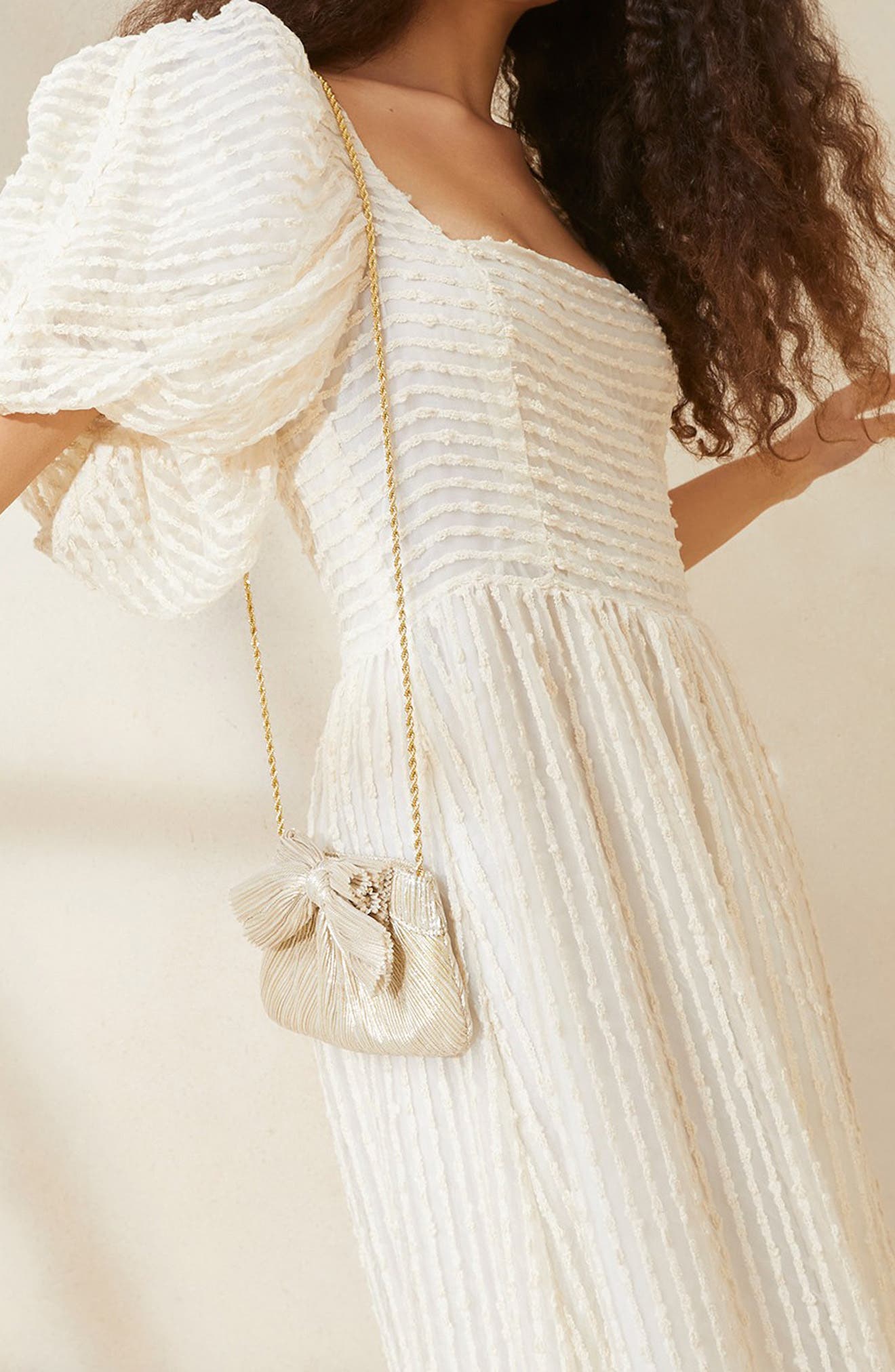 Rochelle Pleated Bow Clutch, Alternate, color, PLATINUM