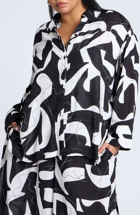 Asymmetric Printed Tassels Long Sleeves Cover-up Top