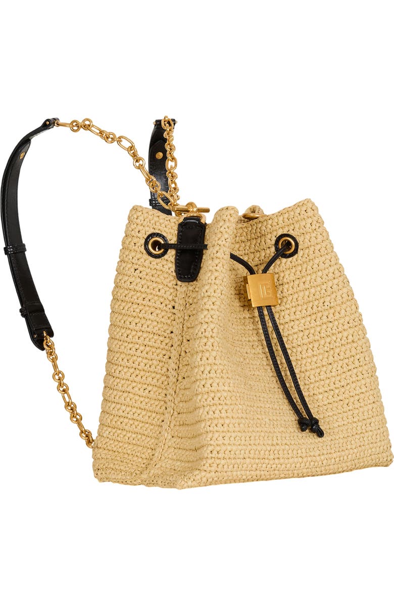 Balmain Pulse crochet and leather backpack, Alternate, color, Beige