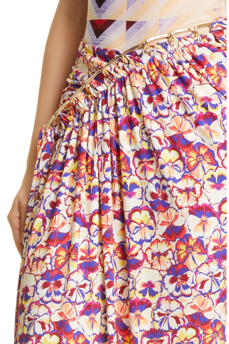 paco rabanne x Fondation Vasarely Ruched Sunny Pansy Chain Detail Jersey Skirt, Alternate, color, SUNNY PANSY