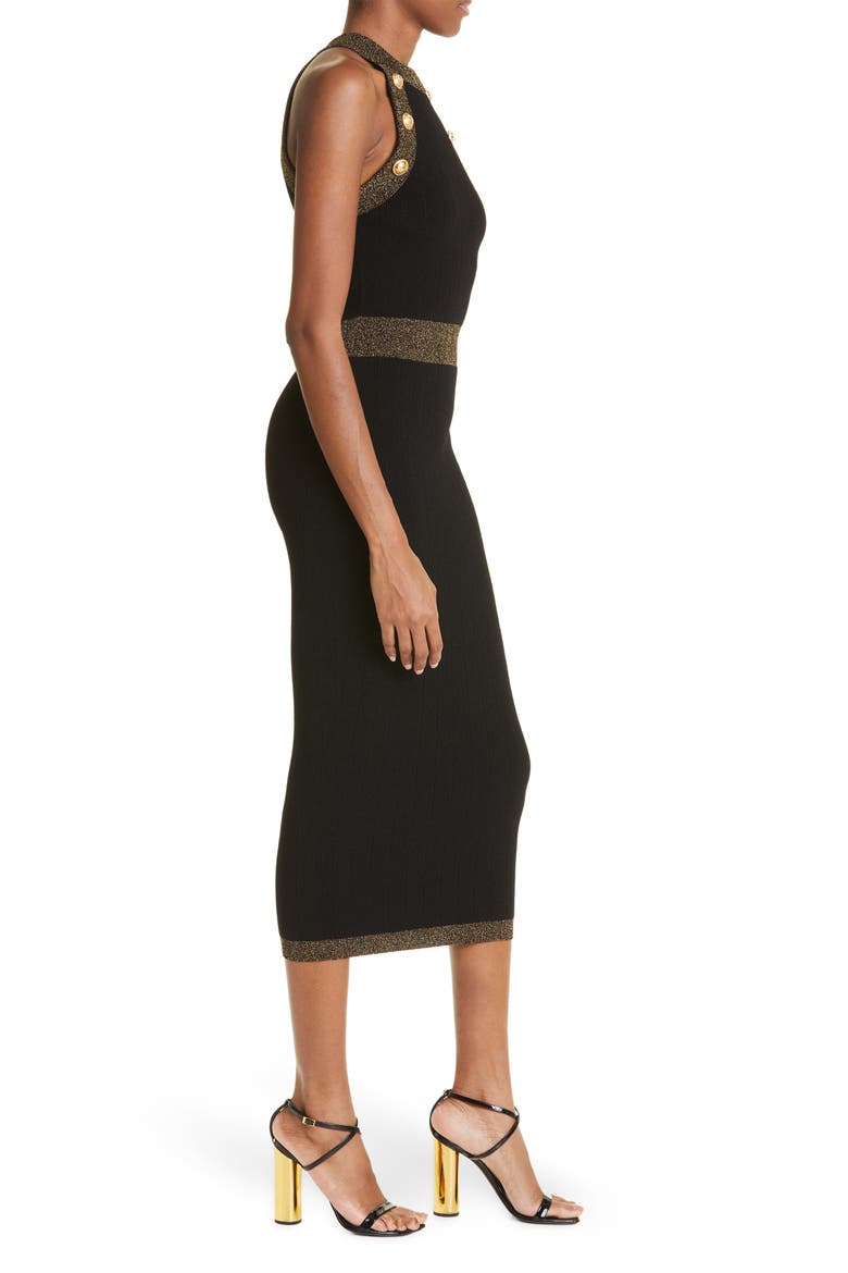 Golden Edge Rib Body-Con Midi Dress, Alternate, color, BLACK/ GOLD
