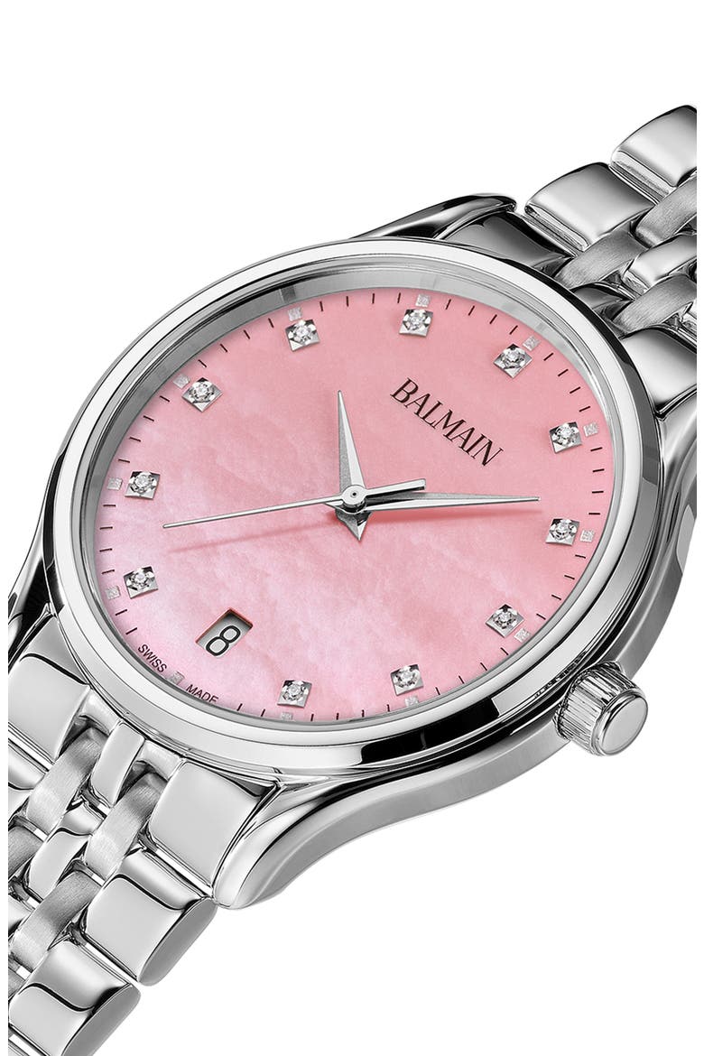 Beleganza Diamond & Mother-of-Pearl Bracelet Watch, 32mm, Alternate, color, PINK MOP STAINLESS STEEL