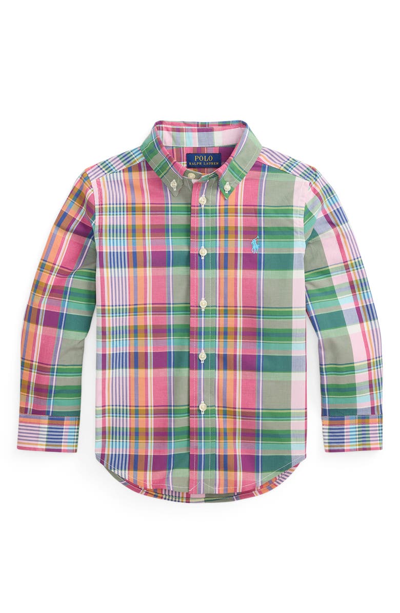 Polo Ralph Lauren Kids' Plaid Cotton Poplin Button-Down Shirt, Main, color, Pink Green Multi