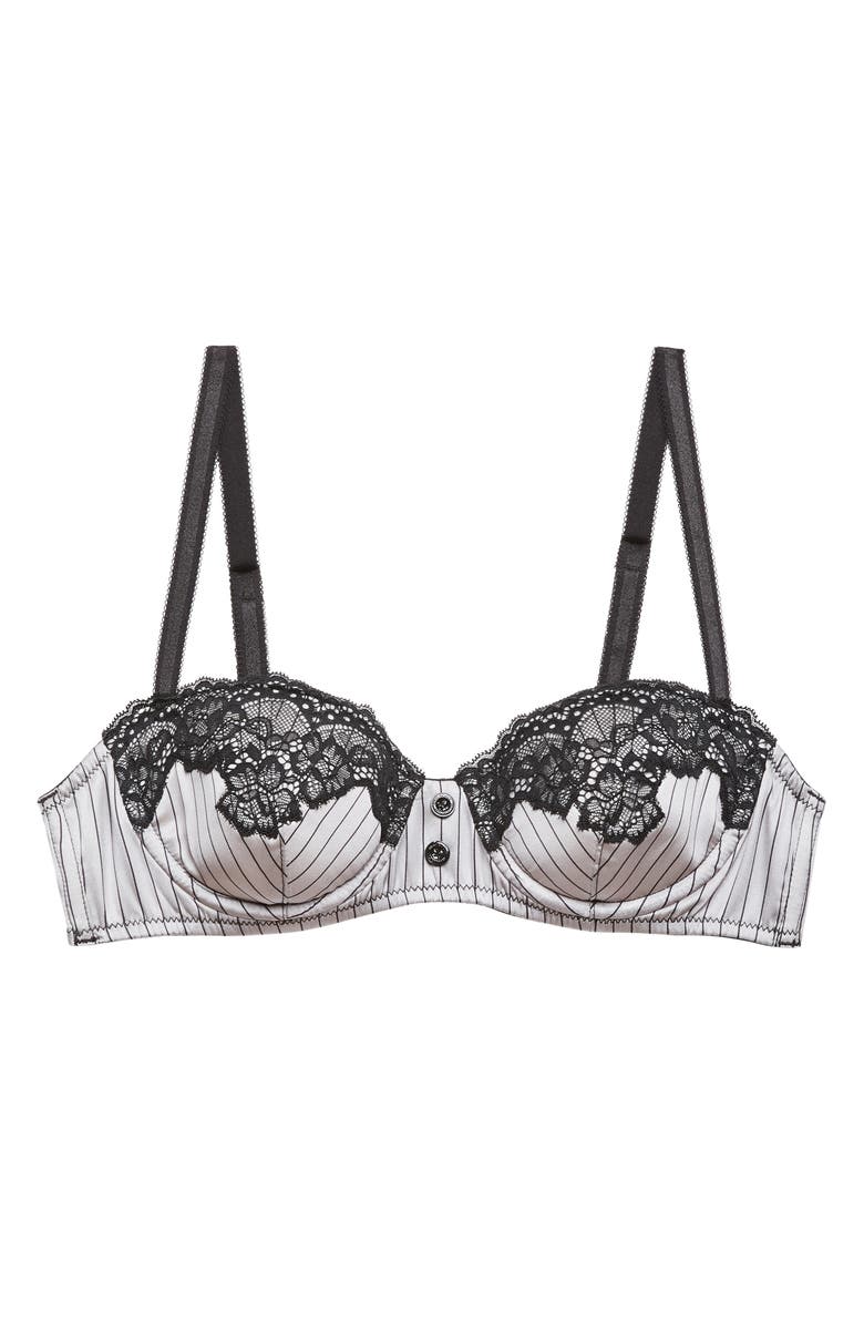 Fleur Du Mal Executive Underwire Silk Trim Balconette Bra, Alternate, color, Ash Pinstripe